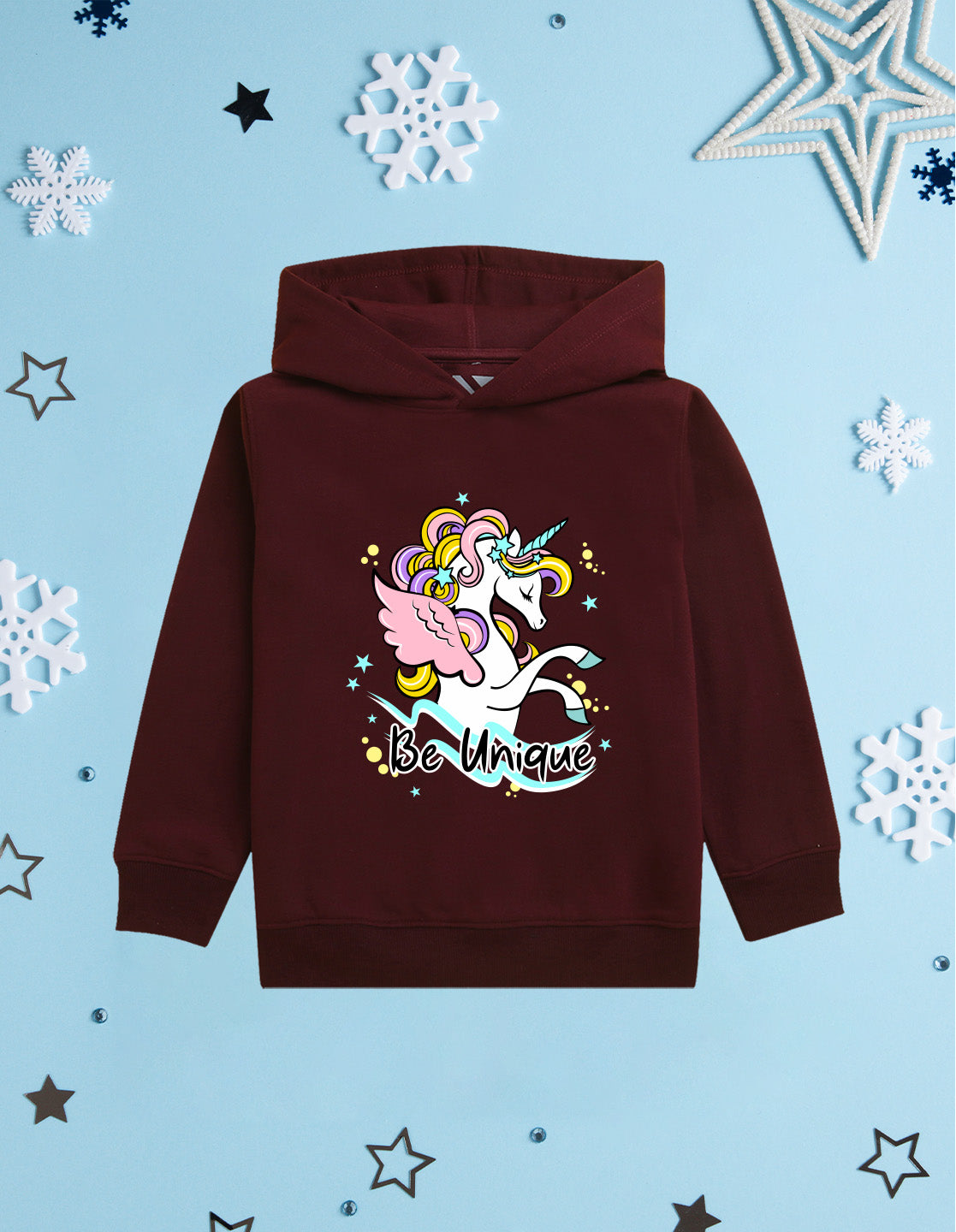 Nusyl Girl's burgundy unicorn & be unique text Printed hoodie