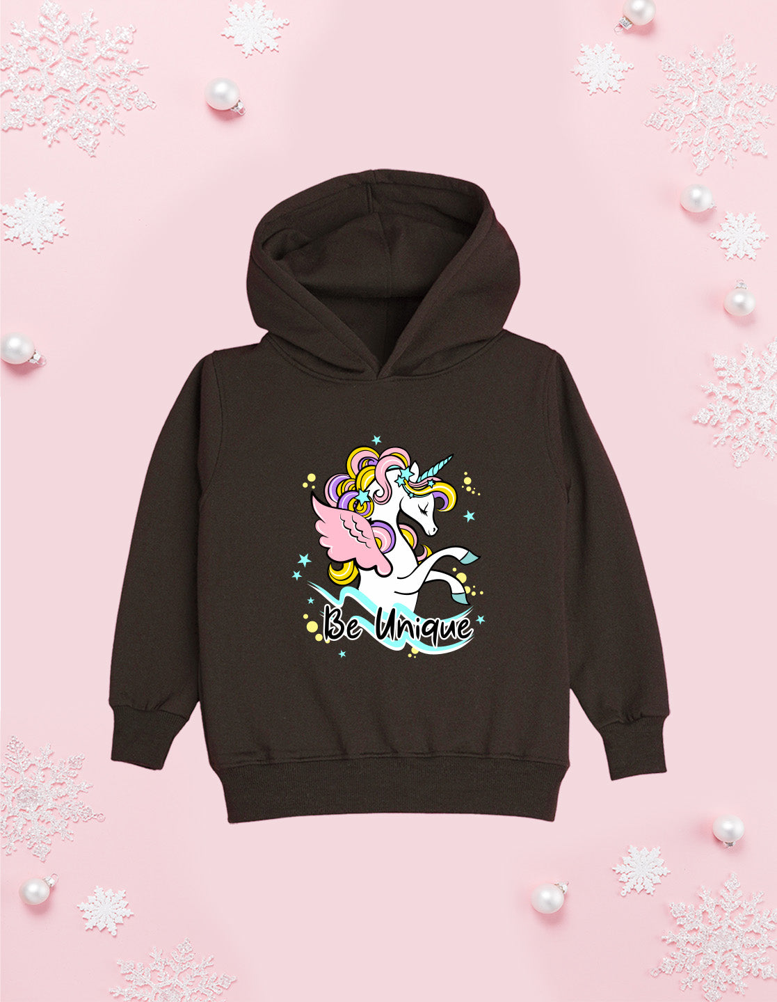 Nusyl Girl's Brown unicorn & be unique text Printed hoodie