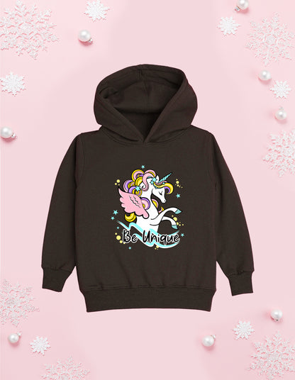 Nusyl Girl's Brown unicorn & be unique text Printed hoodie
