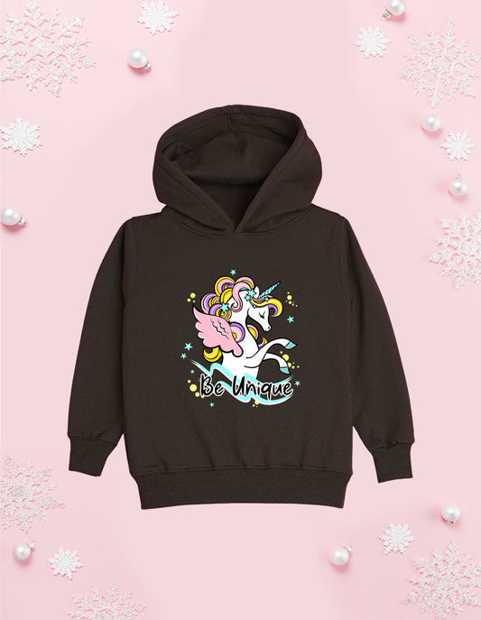 Nusyl Girl's Brown unicorn & be unique text Printed hoodie