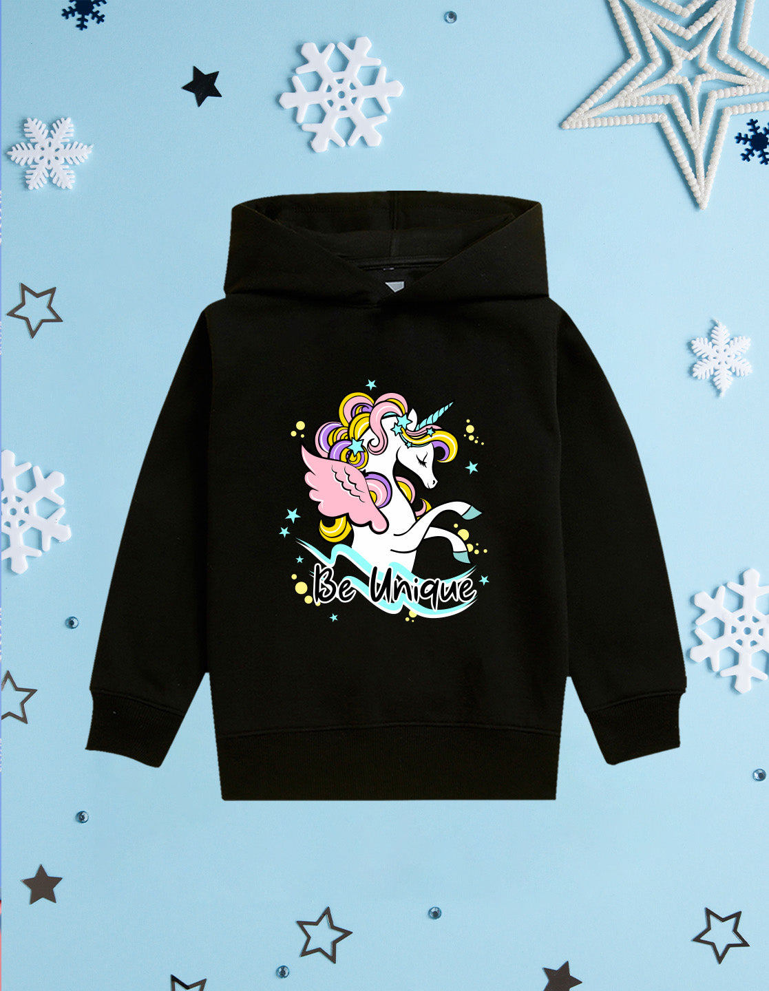 Nusyl Girl's Black unicorn & be unique text Printed hoodie