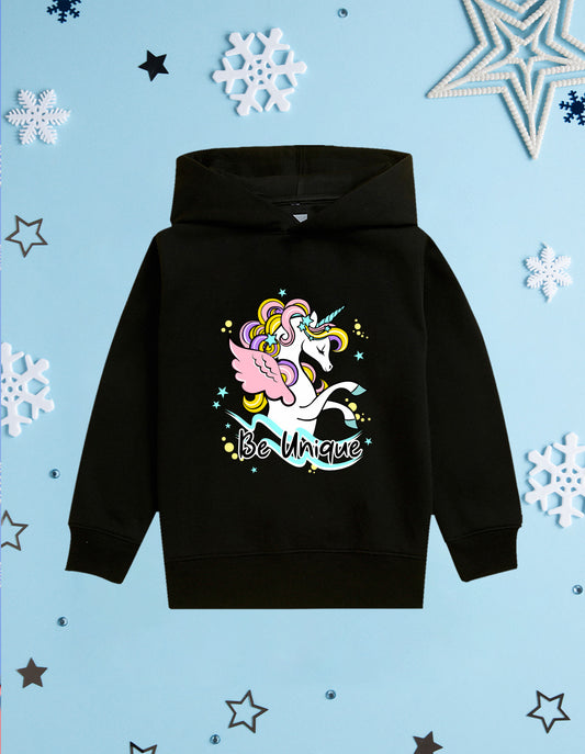 Nusyl Girl's Black unicorn & be unique text Printed hoodie