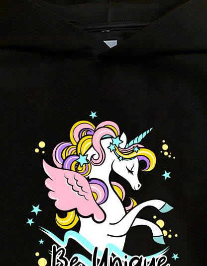 Nusyl Girl's Black unicorn & be unique text Printed hoodie