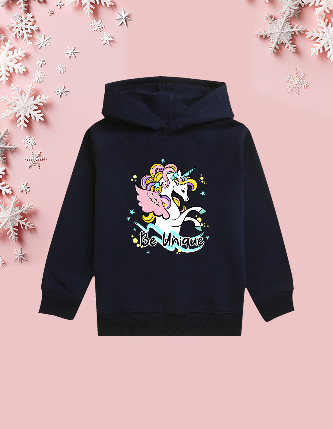 Nusyl Girl's Navy Blue unicorn & be unique text Printed hoodie