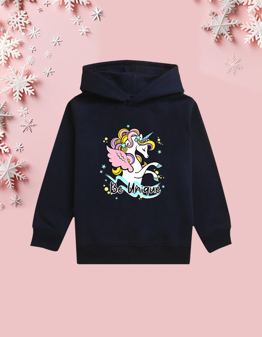 Nusyl Girl's Navy Blue unicorn & be unique text Printed hoodie