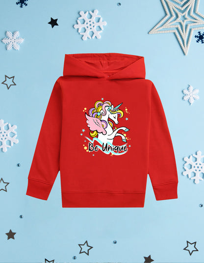 Nusyl Girl's Red unicorn & be unique text Printed hoodie