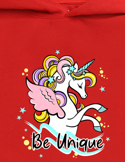 Nusyl Girl's Red unicorn & be unique text Printed hoodie