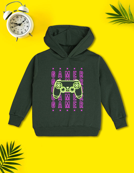 Nusyl Boy's Olive Gamer text Printed Hoodie