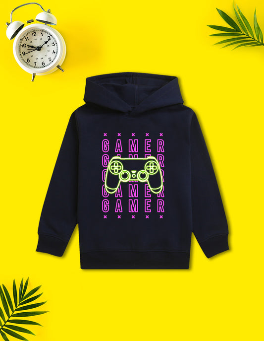 Nusyl Boy's Navy Blue Gamer text Printed Hoodie
