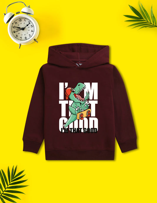 Nusyl Boy's Burgundy Dinosaur & text Printed Hoodie