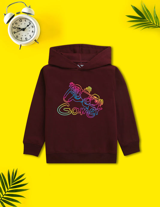 Nusyl Boy's Burgundy Gamer graphic & text Printed Hoodie