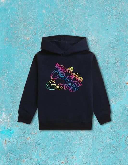Nusyl Boy's Navy Blue Gamer graphic & text Printed Hoodie
