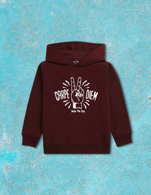 Nusyl Boy's Burgundy Carpe diem text  Printed Hoodie
