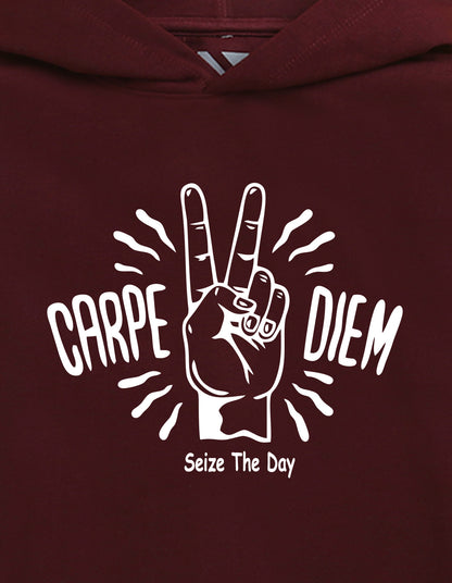 Nusyl Boy's Burgundy Carpe diem text  Printed Hoodie