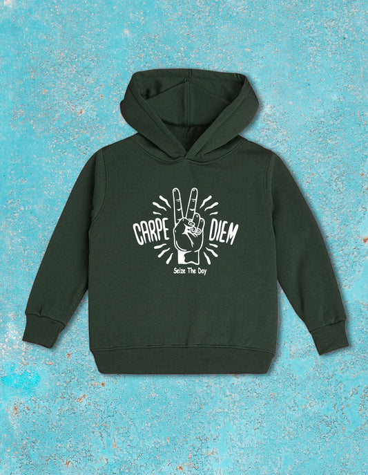 Nusyl Boy's Olive Carpe diem text  Printed Hoodie