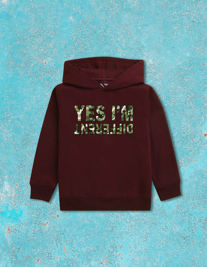 Nusyl Boy's Burgundy Yes I'm different text Printed Hoodie