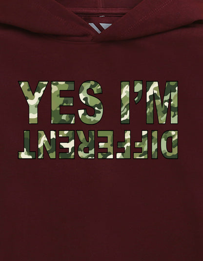 Nusyl Boy's Burgundy Yes I'm different text Printed Hoodie