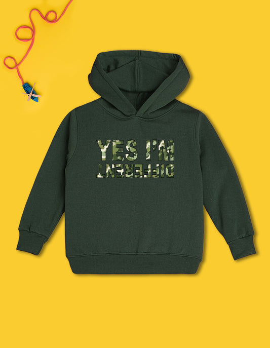 Nusyl Boy's Olive Yes I'm different text Printed Hoodie