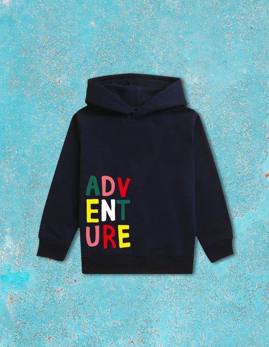 Nusyl Boy's Navy Blue Adventure text Printed Hoodie