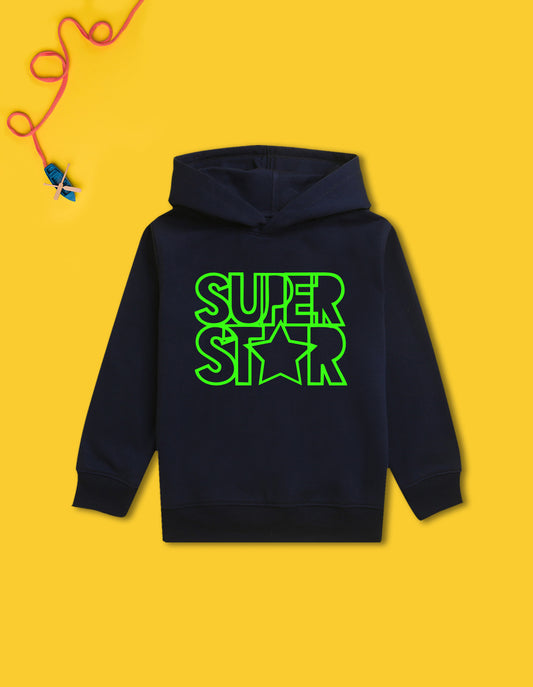 Nusyl Boy's Navy Blue Super star text Printed Hoodie