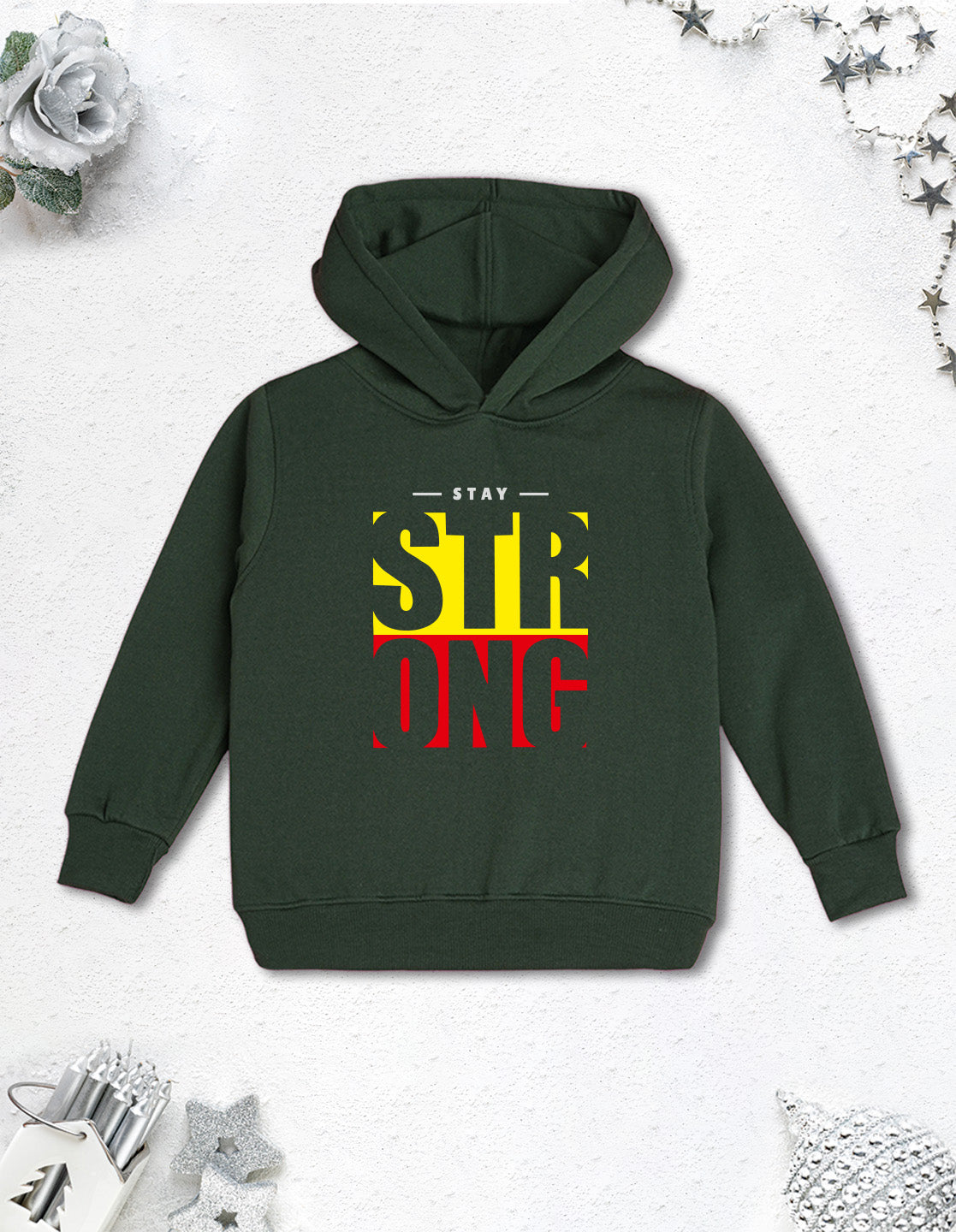 Nusyl Boy's Olive Stay strong text Printed Hoodie