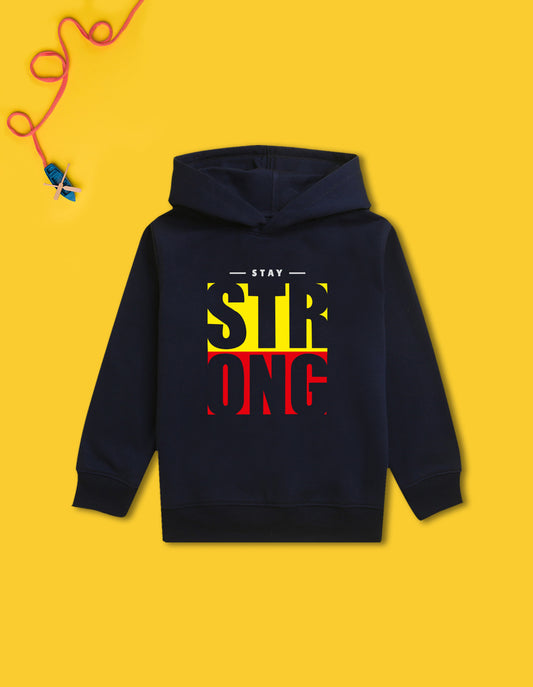 Nusyl Boy's Navy Blue Stay strong text Printed Hoodie