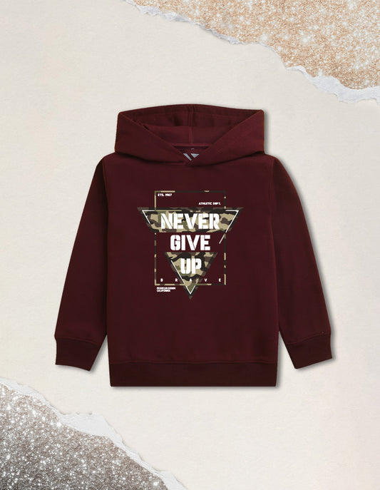 Nusyl Boy's Burgundy Never give up text Printed Hoodie