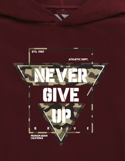 Nusyl Boy's Burgundy Never give up text Printed Hoodie
