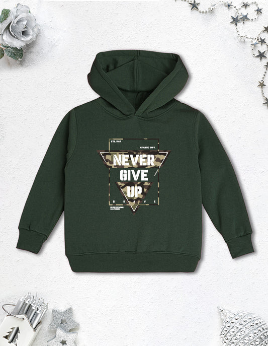 Nusyl Boy's Olive Never give up text Printed Hoodie