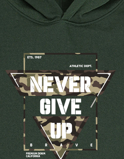 Nusyl Boy's Olive Never give up text Printed Hoodie