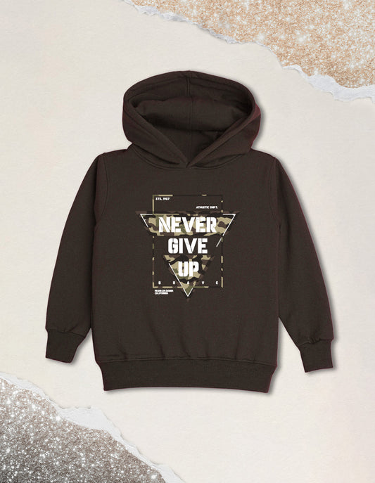 Nusyl Boy's Brown Never give up text Printed Hoodie