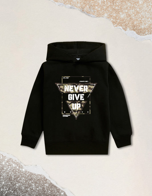 Nusyl Boy's Black Never give up text Printed Hoodie