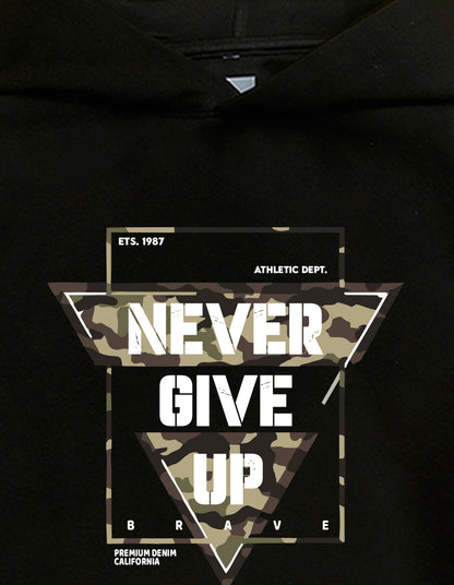 Nusyl Boy's Black Never give up text Printed Hoodie