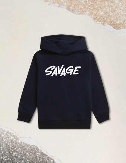 Nusyl Boy's Navy Blue Savage text Printed Hoodie
