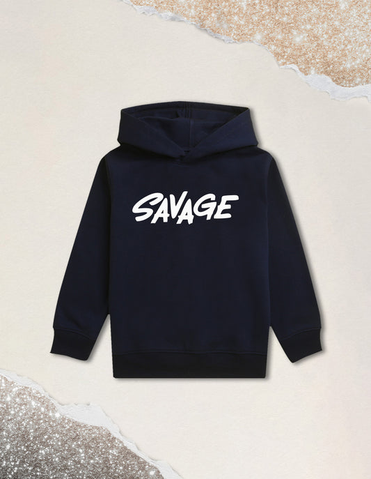 Nusyl Boy's Navy Blue Savage text Printed Hoodie