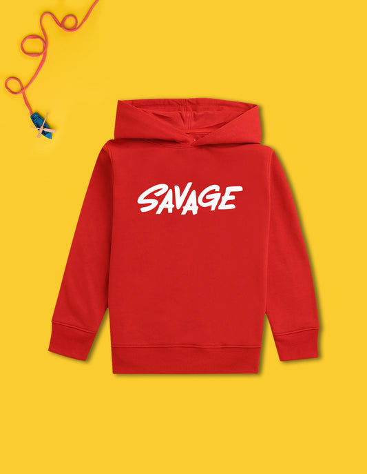 Nusyl Boy's Red Savage text Printed Hoodie