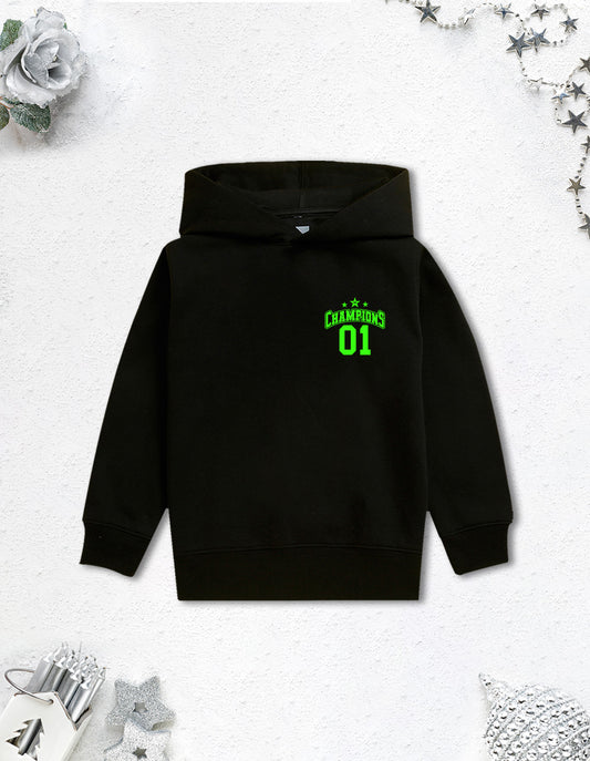 Nusyl Boy's Black Champions 01 Text Printed Hoodie