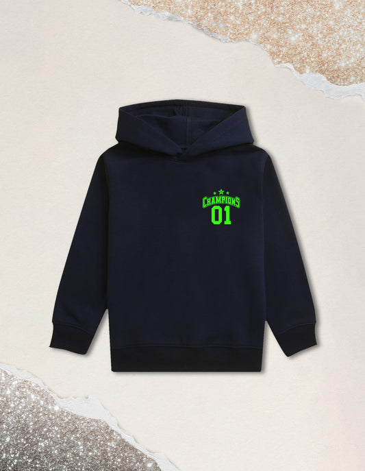 Nusyl Boy's Navy Blue Champions 01 Text Printed Hoodie