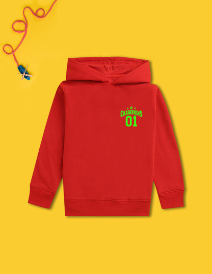 Nusyl Boy's Red Champions 01 Text Printed Hoodie