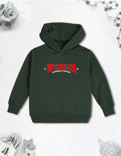 Nusyl Boy's Olive Winner text  Printed Hoodie