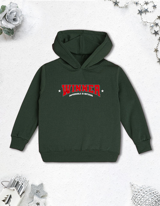 Nusyl Boy's Olive Winner text  Printed Hoodie