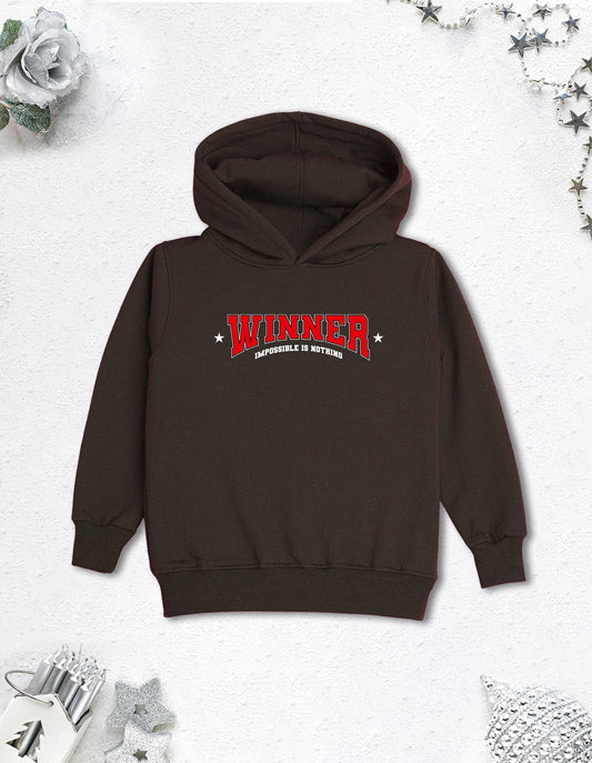 Nusyl Boy's Brown Winner text  Printed Hoodie