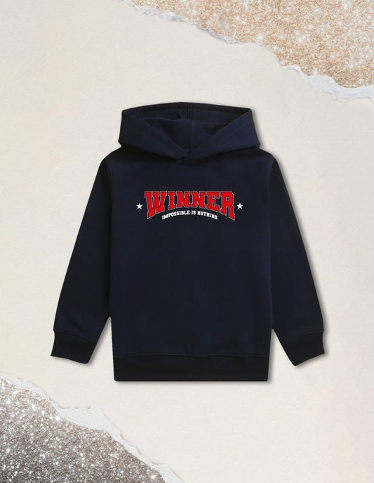Nusyl Boy's Navy Blue Winner text  Printed Hoodie