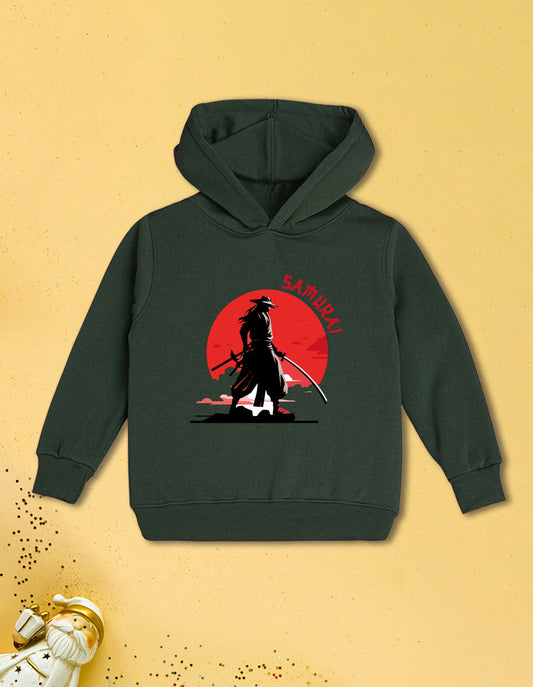Nusyl Boy's Olive Japanese Samurai Printed Hoodie