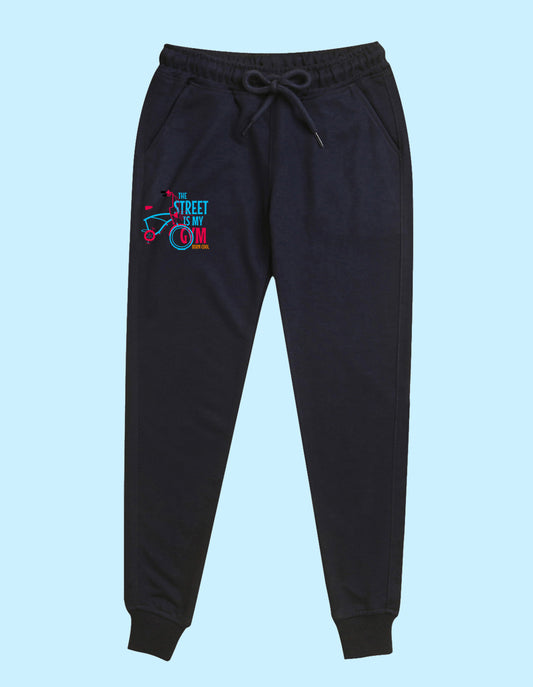 Navy blue cartoon printed kids unisex treck pants