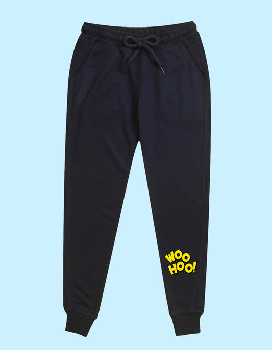 Navy blue text printed kids unisex treck pants