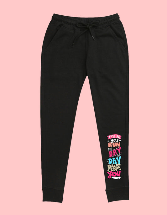 Black text printed kids unisex treck pants