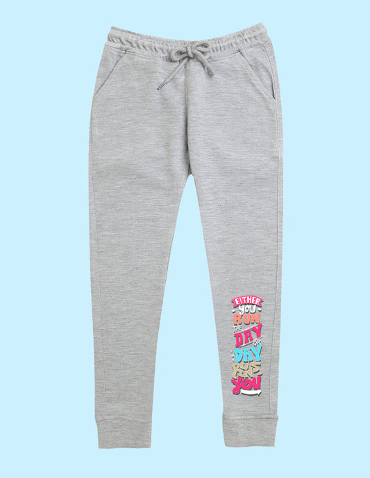 Grey text printed kids unisex treck pants