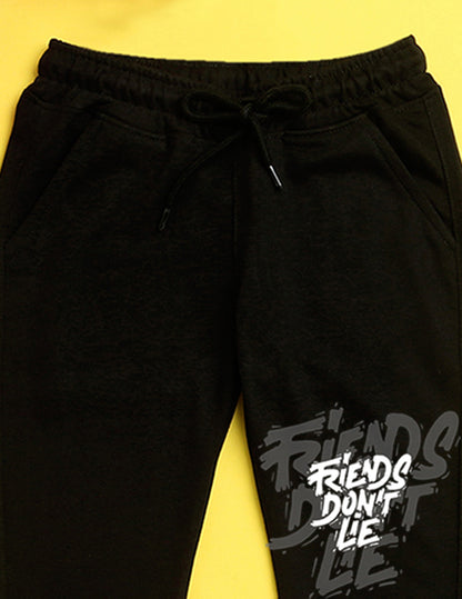 Black text printed kids unisex treck pants