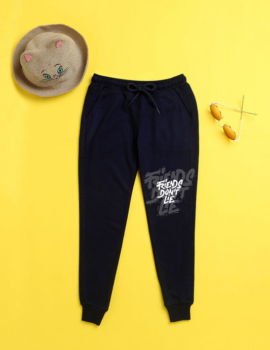 Navy blue text printed kids unisex treck pants